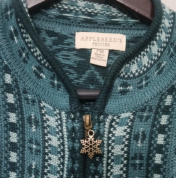 Appleseed's Knit Sweater Fair Isle Full Zip Teal Wool Blend Size Medium P - Picture 2 of 6